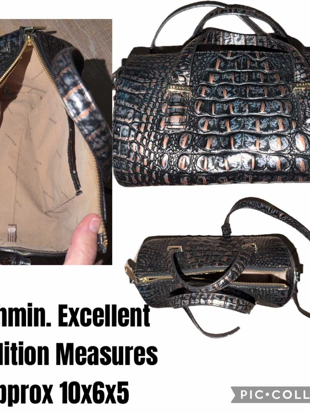 Brahmin Black and Brown Croc-Embossed Satchel with Gold Hardware